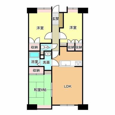 使い勝手の良い2LDK＋和室の間取り。ライフスタイルに合わせた柔軟な使い方が可能です。各居室に収納を完備
