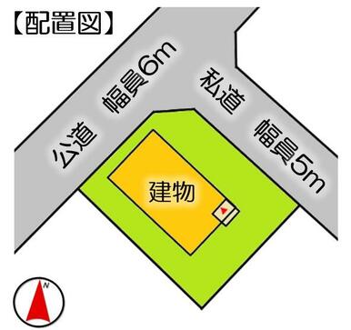 【配置図】土地面積１５８．３８ｍ２、建物面積９７．７ｍ２　角地に付き採光・通風ともに良好