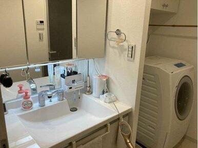 三面鏡がある独立洗面台。シャワー付きです。洗面台下には収納スペースがあります。