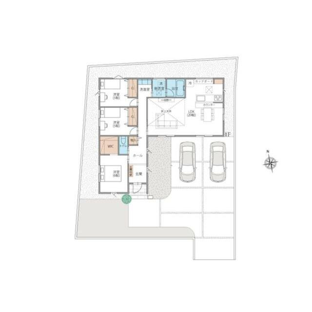 ２０帖の広々ＬＤＫは折上天井設計。リビングを通らず各洋室へ移動できる、プライバシーに配慮した間取り。