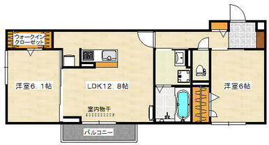 ６帖と６．１帖の洋室と１２．８帖のリビングルームといった２ＬＤＫの間取りです。