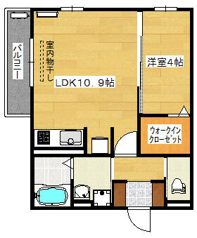 ４帖の洋室と１０．９帖のリビングルームといった１ＬＤＫの間取りです。