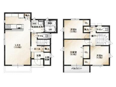 ４ＬＤＫ（１階４３．８８㎡　２階３８．０９㎡）