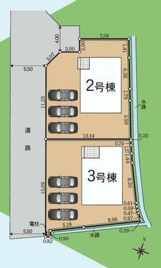 全体区画図 駐車場スペースは３台以上のゆったりとした区画で、来客用や将来の車増台にも対応可能です！