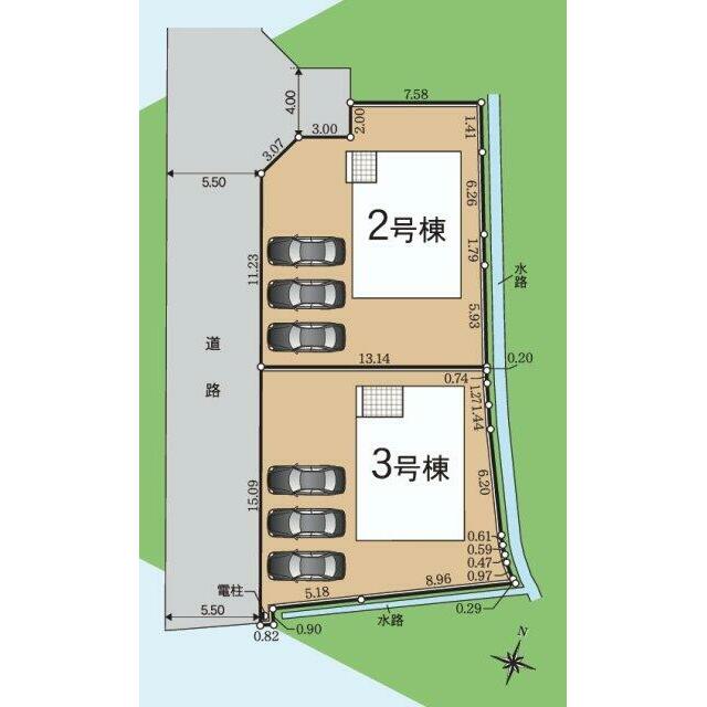 全体区画図 駐車場スペースは３台以上のゆったりとした区画で、来客用や将来の車増台にも対応可能です！