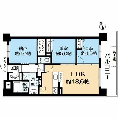 壁芯面積66.19㎡の2LDK＋S（納戸）の東南向きバルコニーの間取りです。