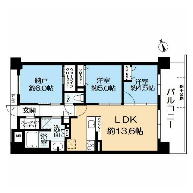 壁芯面積66.19㎡の2LDK＋S（納戸）の東南向きバルコニーの間取りです。