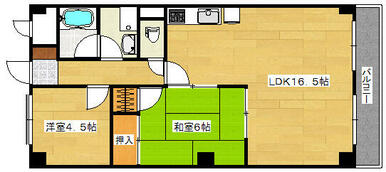 ６帖の和室と４．５帖の洋室と１６．５帖のリビングルームといった２ＬＤＫの間取りです。