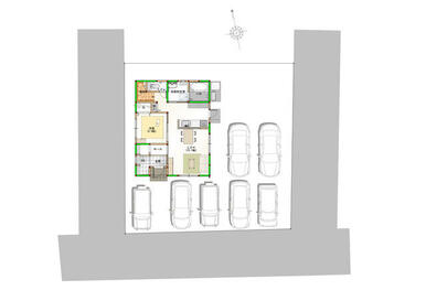 区画図：駐車場スペースは３台以上とゆったりとした区画のお家です。