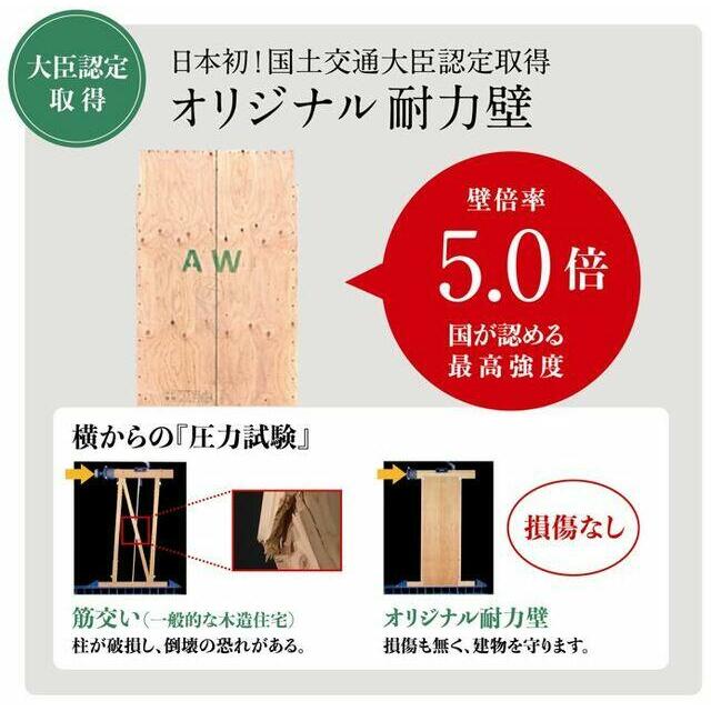 I.D.S工法は、平成12年の建築基準法改正後、 構造耐力上必要な軸組み等について 国土交通大臣認定を取得し、 国が定める強度である「壁倍率5.0」の性能が あると認められました。