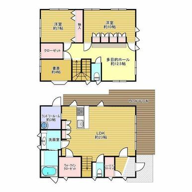 建物面積は広々とお過ごしいただける45.37坪。ウォークインクローゼットや書斎、多目的ホールがあり、売