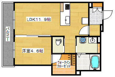 ４．６帖の洋室と１１．９帖のリビングルームといった１ＬＤＫの間取りです。