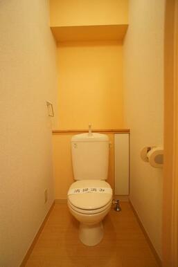 トイレ写真です。入口正面の壁にはアクセントクロスを使用しており、オシャレです♪