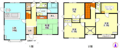 １階は１４帖のリビングとに和室、２階は洋室３部屋とウォ－クインクロ－ゼットがあります。