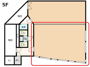 赤枠が今回募集のお部屋です。構造体の柱あり（現況を優先とする）