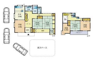 １階にＤＫ・洋室・続き間・書斎・縁側、２階に３部屋の６ＳＤＫです。