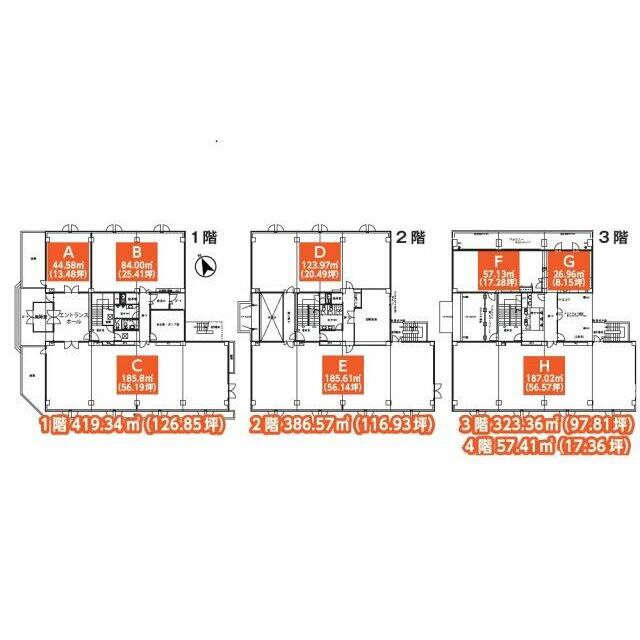 テナント区画は、1階3区画、2階2区画、3階3区画