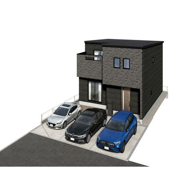 5号棟：シックなダークトーンの外観デザイン。前面に並列カースペースを確保しています。※掲載パースは完成予想図です。描かれている車両は価格に含まれません。駐車可能台数は車種によります。
