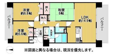 和室と洋室のある３ＬＤＫ。ＬＤＫは約１４．９帖と広々しており、家族でゆったり過ごせます。各居室に収納