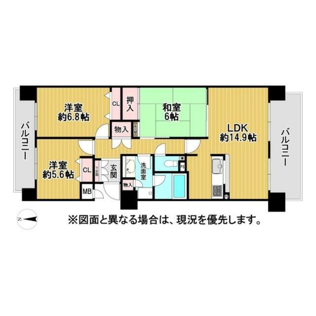 和室と洋室のある３ＬＤＫ。ＬＤＫは約１４．９帖と広々しており、家族でゆったり過ごせます。各居室に収納
