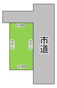 北東方向６．５ｍ市道に１０．９０ｍ接道　南東方向７．２７市道に２１．８１ｍ接道　角地