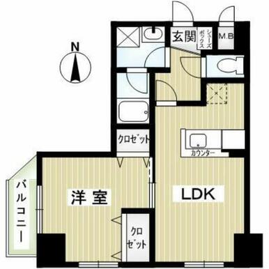 壁芯38.43㎡の1LDKの間取りです。