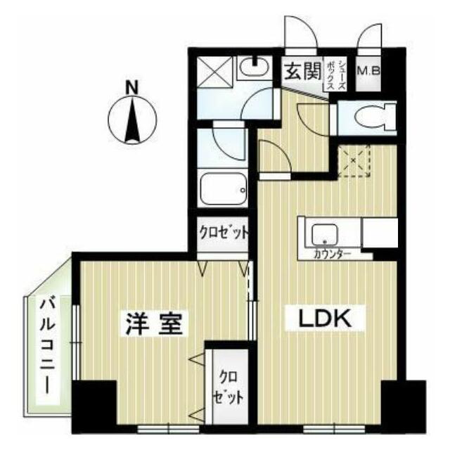 壁芯38.43㎡の1LDKの間取りです。