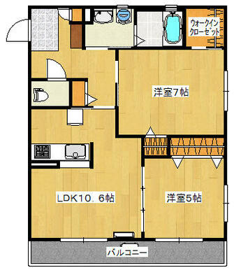 ５帖と７帖の洋室と１０．６帖のリビングルームといった２ＬＤＫの間取りです。