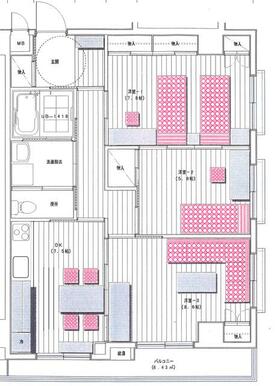 家具類参考配置例　現況優先　南西角部屋　西向きバルコニー