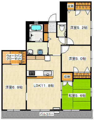 ５．６帖の和室と５帖と５．２帖と６．９帖の洋室と１１．８帖のリビングといった４ＬＤＫの間取りです。