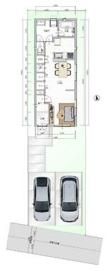 建物プラン例・並列２台駐車可　・３ＬＤＫの全居室収納付き　・建物１４５．１㎡（２６．４６坪）