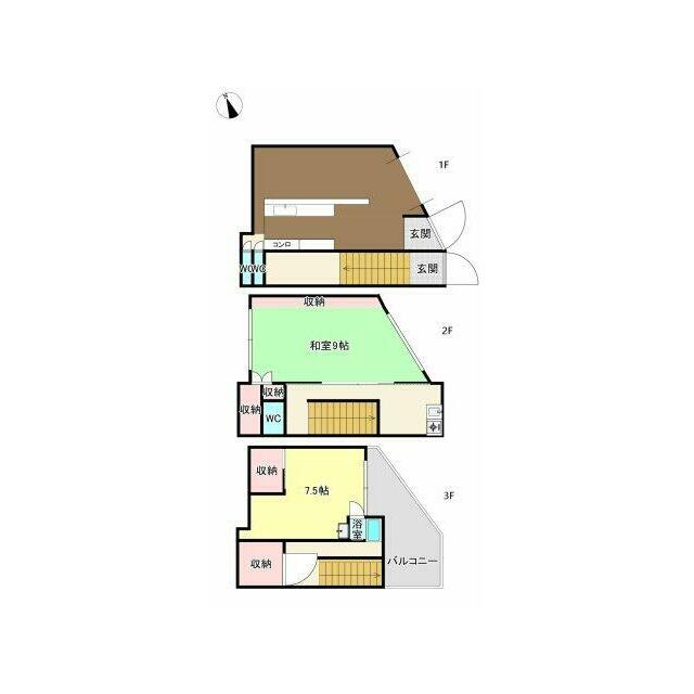 3Kに2つの納戸が加わった、3階建ての立体的な間取り。生活スペースと収納を明確に分けることで、都市部で