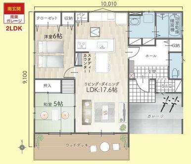 平屋２ＬＤＫ　ガレージ付　建築プラン