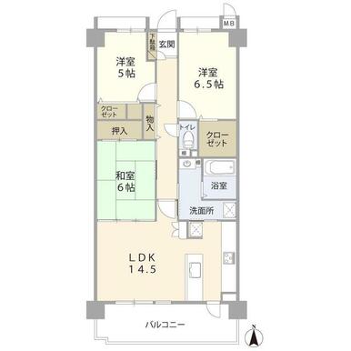 南向きの広々ＬＤＫと充実収納で快適！和室付き３ＬＤＫの住みやすい間取りです。