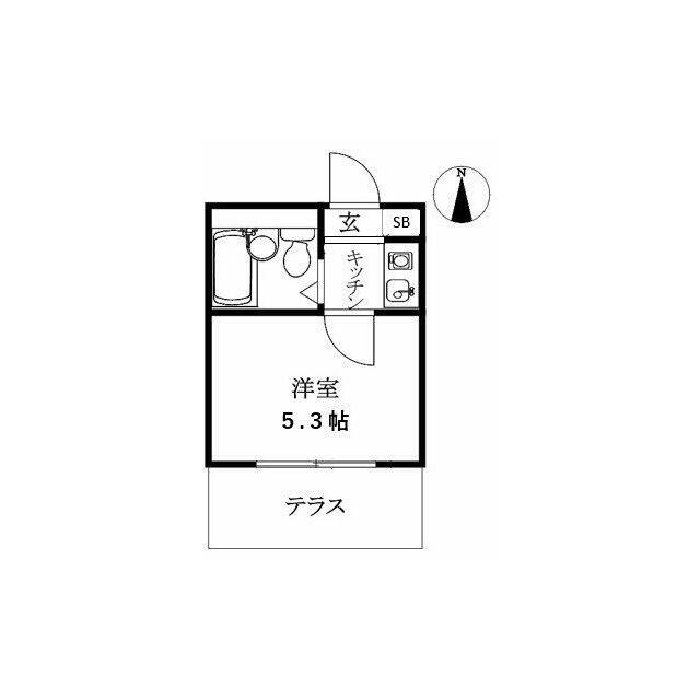 南向き、洋室5.3帖の1K