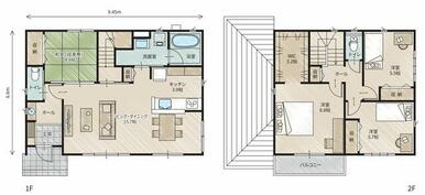 【二階建てプラン例】　建物価格：２９６０万円　建物面積：１１０．９９㎡　間取り３ＬＤＫ＋和室＋ＷＩＣ