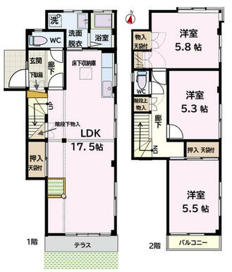 ３ＬＤＫ　１階～２階のメゾネットタイプ　　３面角部屋で彩光多し