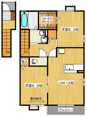 ６．２帖の洋室が２部屋と１２帖のリビングルームといった２ＬＤＫの間取りです。