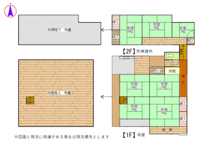 母屋＋別棟　６ＳＫ　浴室は母屋南側別棟にあり