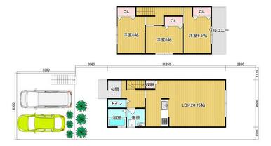 建物プラン例　建物価格：２，１２０万円、建物面積：約９１．１２㎡