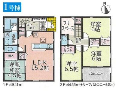 【１号棟間取り】全室２面採光の明るい住戸♪２階のフリースペースは収納付きで多目的に使用できます！