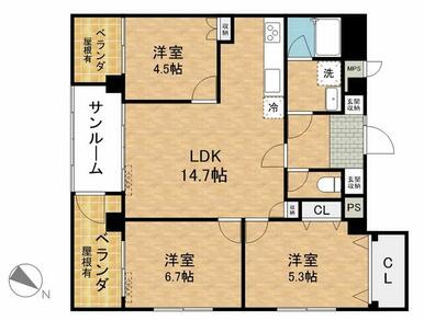 ３ＬＤＫ（ＬＤＫ１４．７帖、洋室６．７帖、洋室５．３帖、洋室４．５帖）