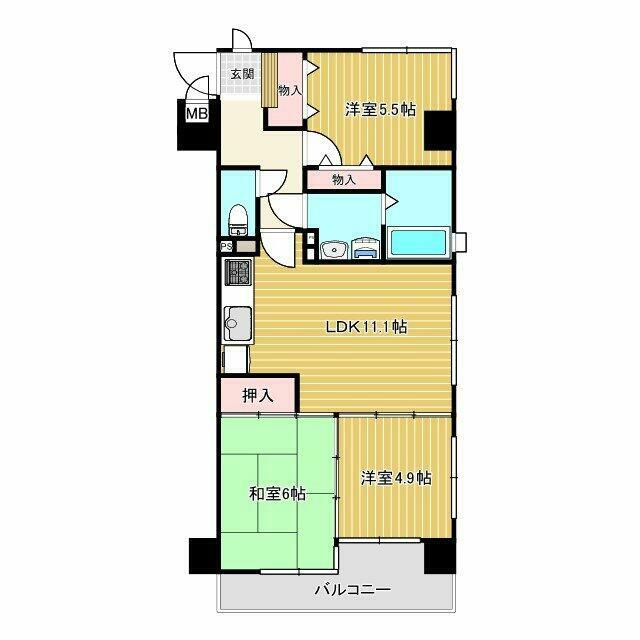 ファミリーにぴったりの3LDK。南向きの最上階住戸で日当たり・眺望良好です。 約11.1帖のLDKは家族団らん