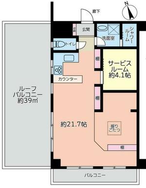 間取はＬＤＫ＋納戸。５階建ての最上階の南西角部屋です。約３９㎡のルーフバルコニーが魅力的なお部屋です