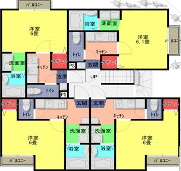 間取図　右下が１号室　左下が２号室　左上が３号室　右上が５号室