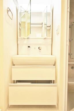 三面鏡付の独立洗面台。もちろんシャワー付きで、朝の時短に役立ちます。