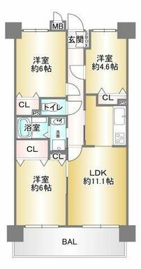 【LDK　11.1帖】 【洋室　6帖×２室】 【洋室　4.6帖】