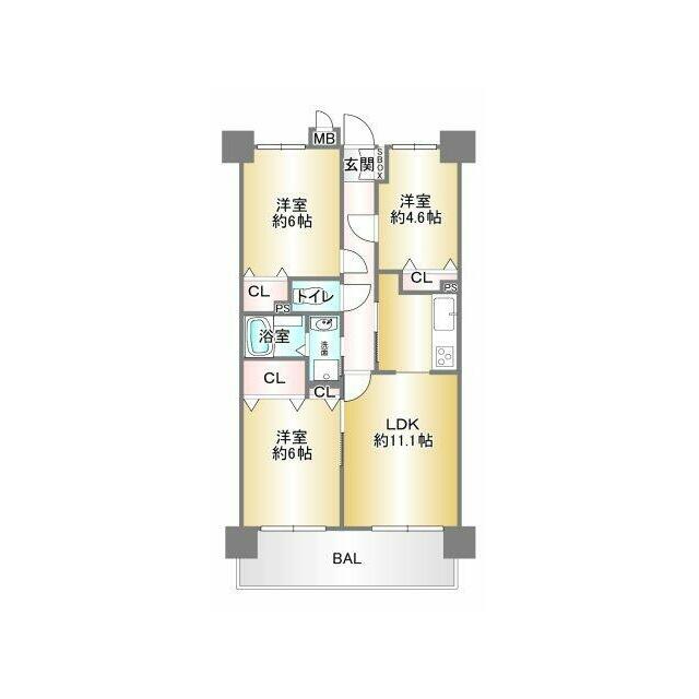 【LDK　11.1帖】 【洋室　6帖×２室】 【洋室　4.6帖】