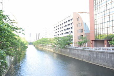 近隣から建物を望む　目黒川沿いの物件です