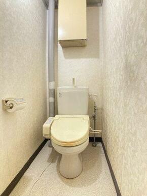 温水洗浄機能付き暖房便座のトイレです。上部にサニタリー用品を収納できる棚がついています。